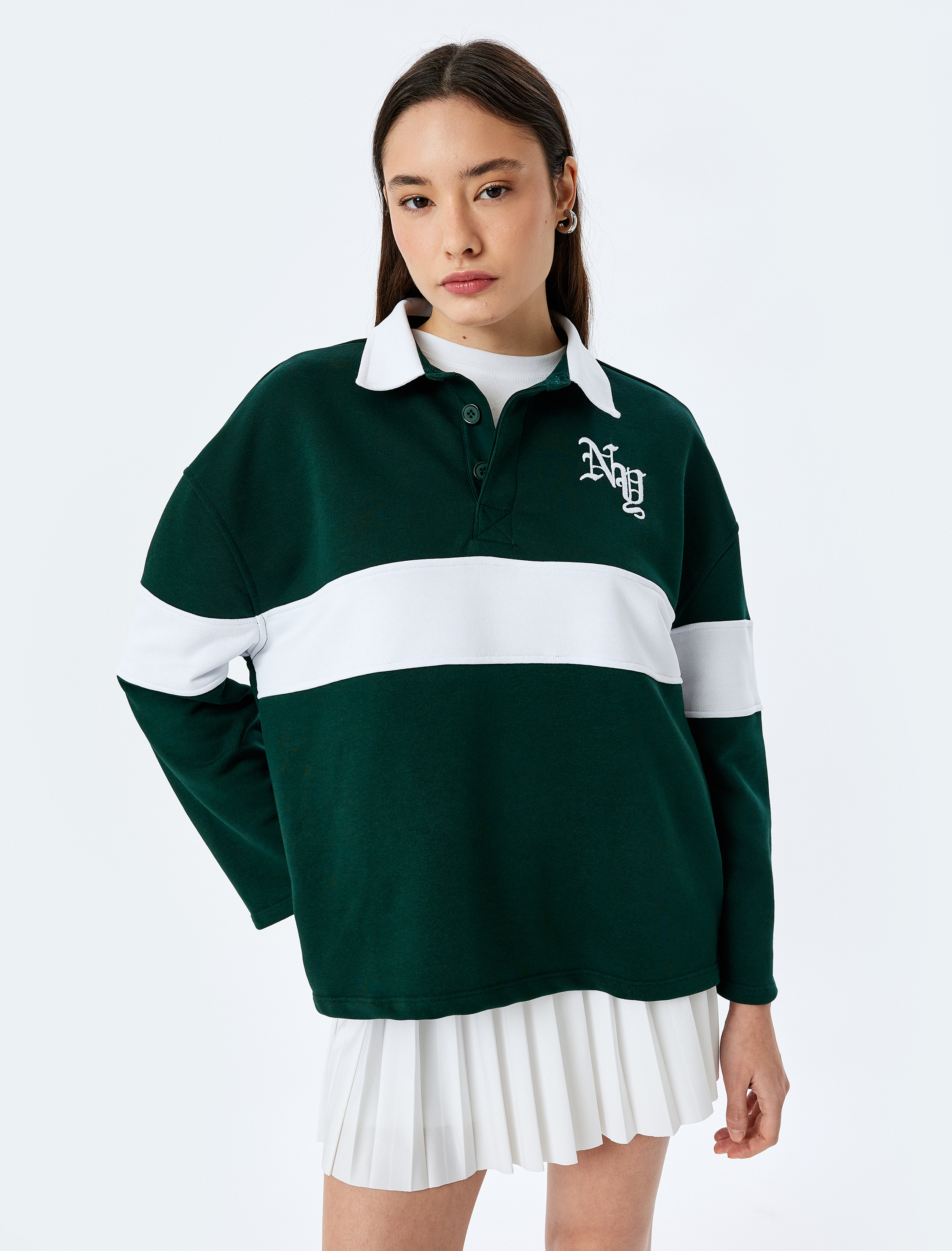 Polo Yaka Nakışlı Düğmeli Renk Bloklu Oversize Sweatshirt