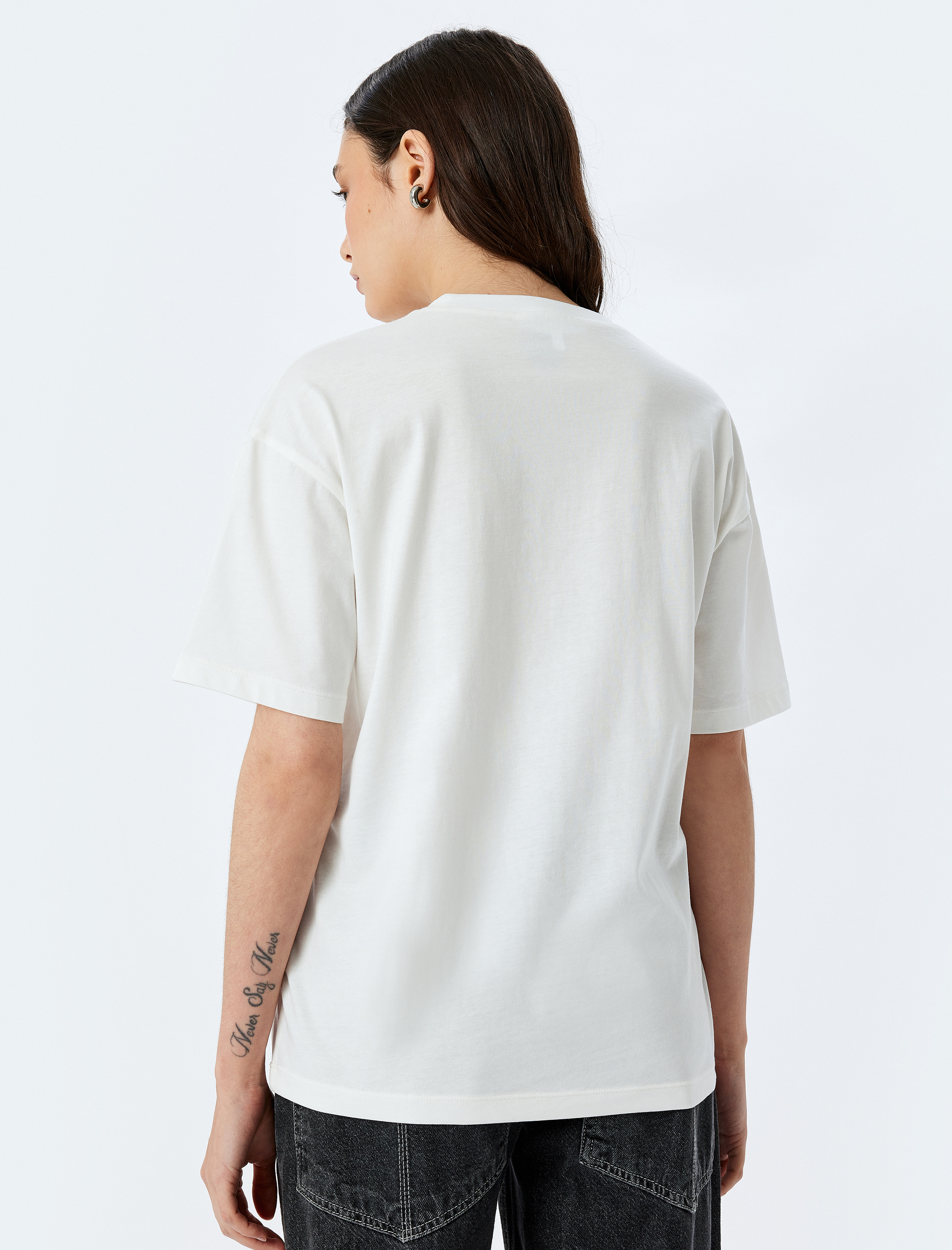   Slogan Baskılı Kısa Kollu Rahat Kalıp Bisiklet Yaka Tişört