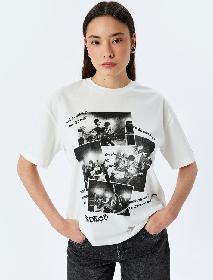  Slogan Baskılı Kısa Kollu Rahat Kalıp Bisiklet Yaka Tişört