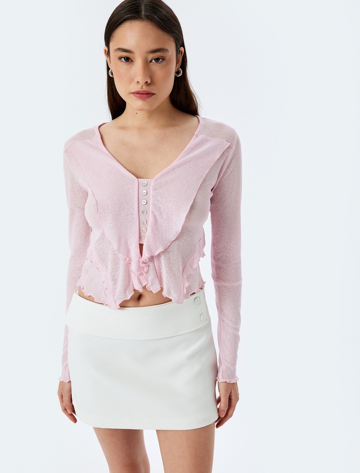  Fırfır Detaylı Uzun Kollu V Yaka Düğmeli Bluz