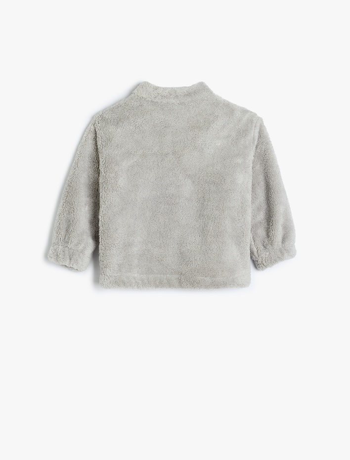 Kız Bebek Dik Yaka Uzun Kollu Fermuarlı Basic Peluş Sweatshirt