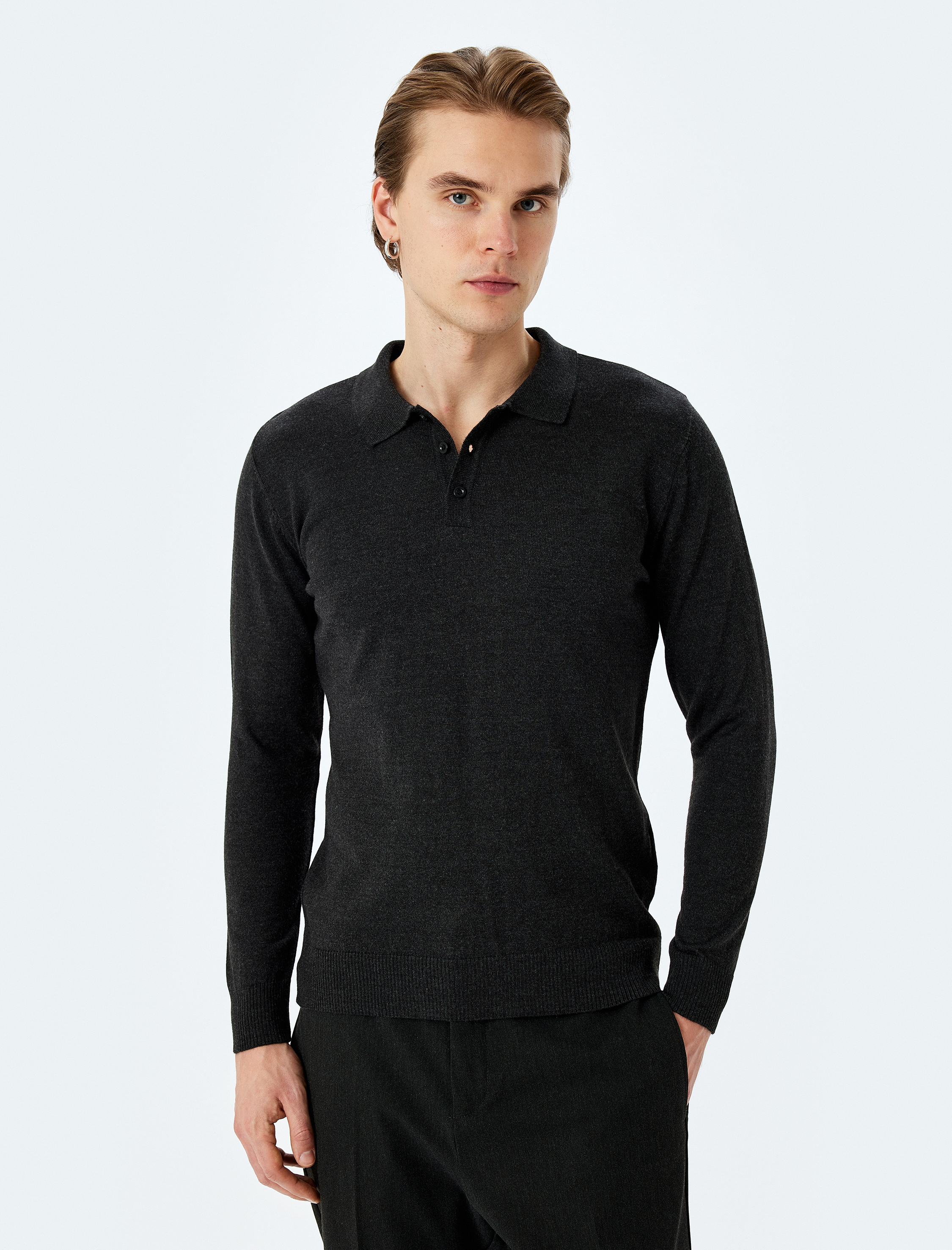   Polo Yaka Düğmeli Basic Uzun Kollu Triko Kazak