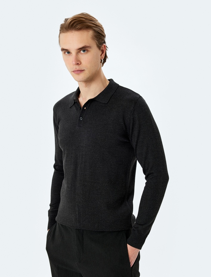  Polo Yaka Düğmeli Basic Uzun Kollu Triko Kazak