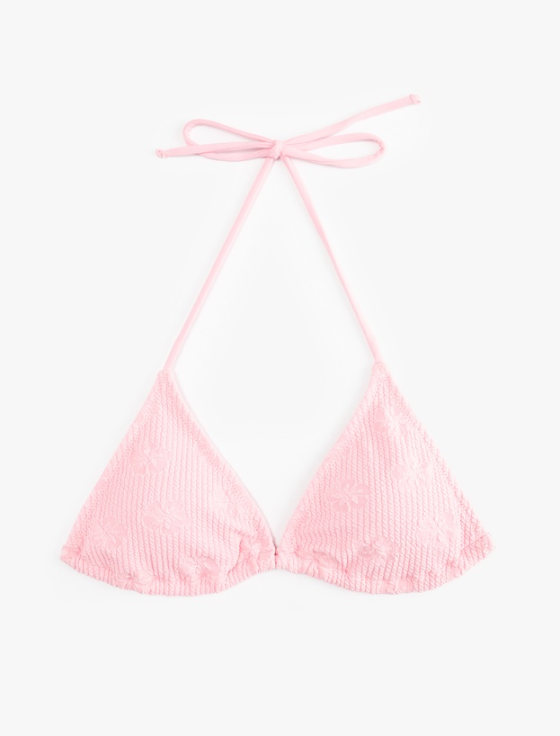 Fitilli Floral Dokulu Boyundan Bağlamalı Üçgen Bikini Üstü_0