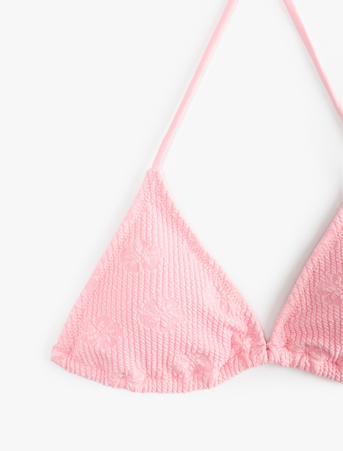  Fitilli Floral Dokulu Boyundan Bağlamalı Üçgen Bikini Üstü