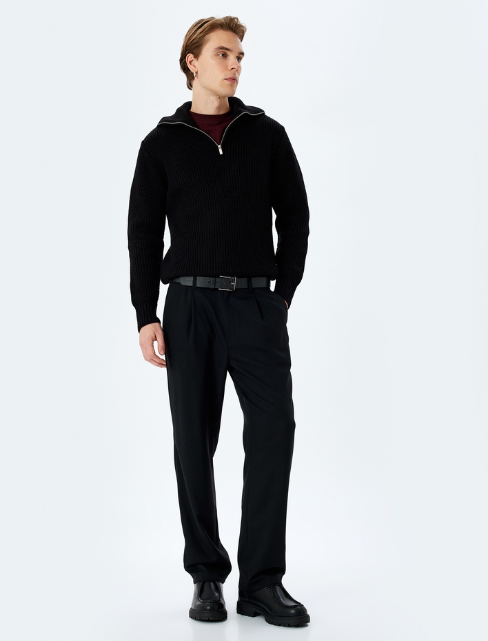  Uzun Kollu Basic Yarım Fermuarlı Triko Kazak