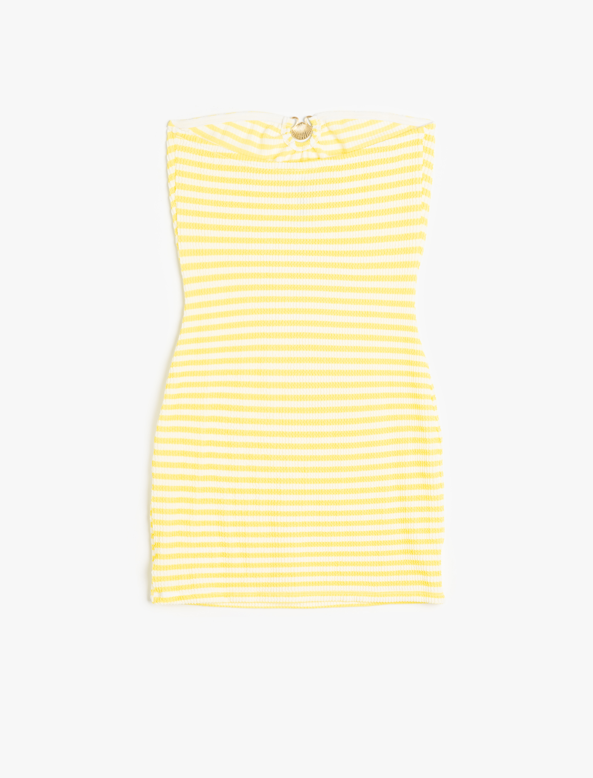   Deniz Kabuğu Aksesuarlı Dokulu Çizgili Mini Straplez Plaj Elbisesi