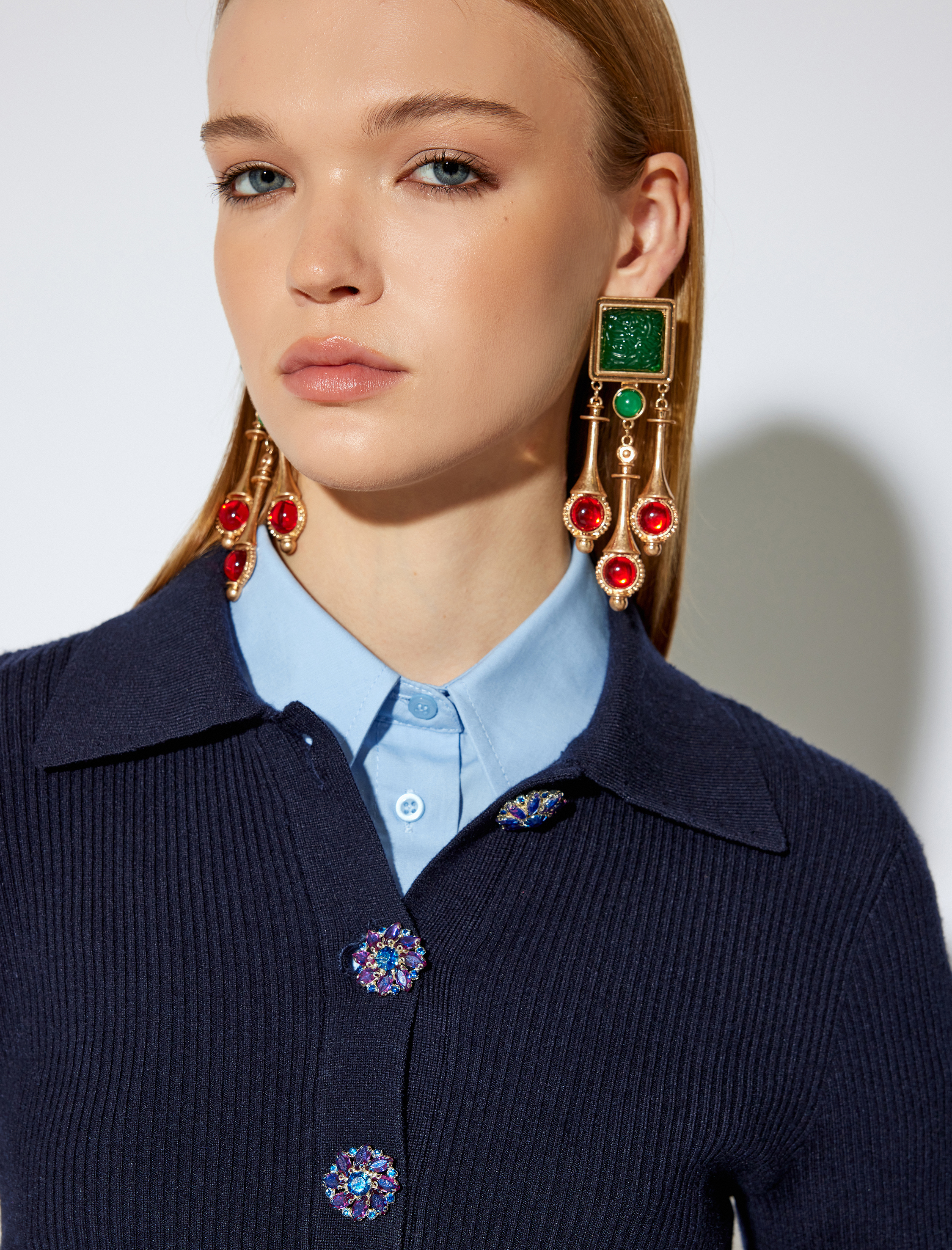 Koton X Melis Ağazat - Uzun Kollu Taşlı Düğmeli Polo Yaka Triko Kazak