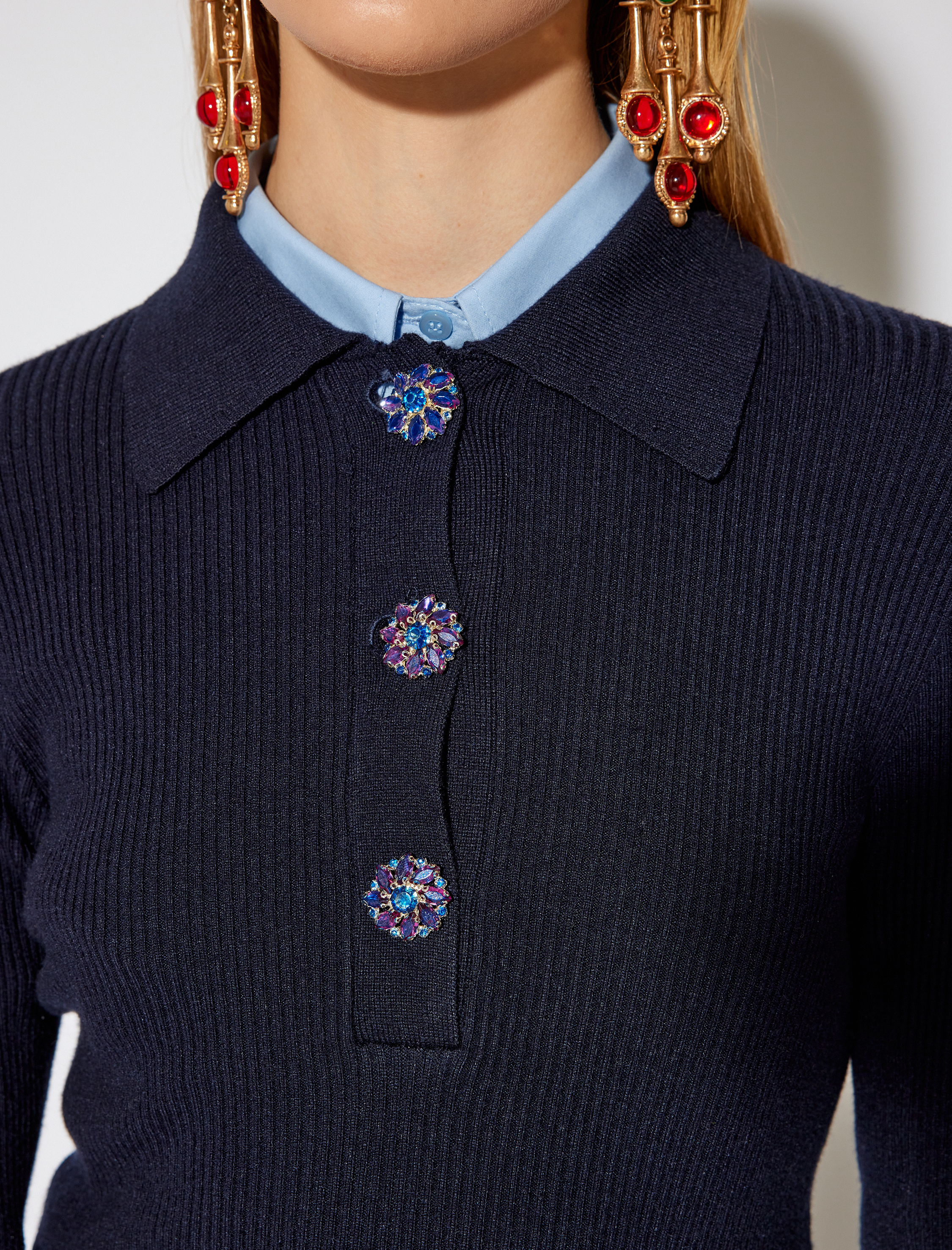 Koton X Melis Ağazat - Uzun Kollu Taşlı Düğmeli Polo Yaka Triko Kazak