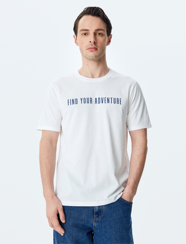  Bisiklet Yaka Regular Fit Pamuklu Kısa Kollu Slogan Baskılı Tişört