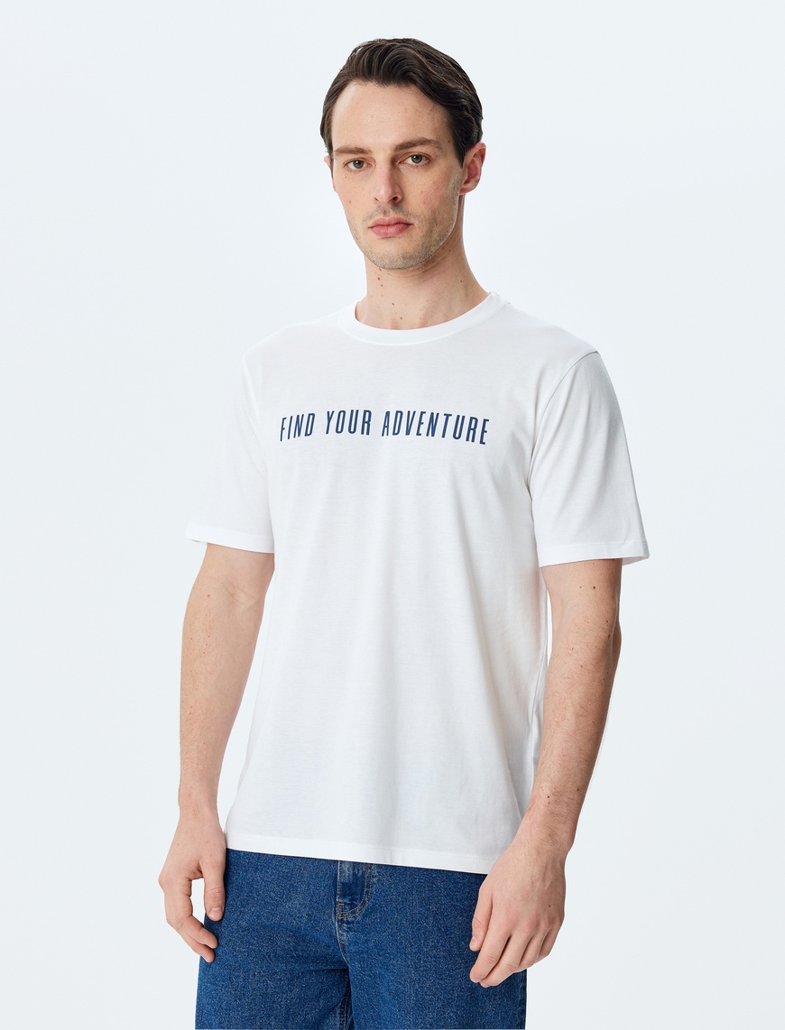   Bisiklet Yaka Regular Fit Pamuklu Kısa Kollu Slogan Baskılı Tişört