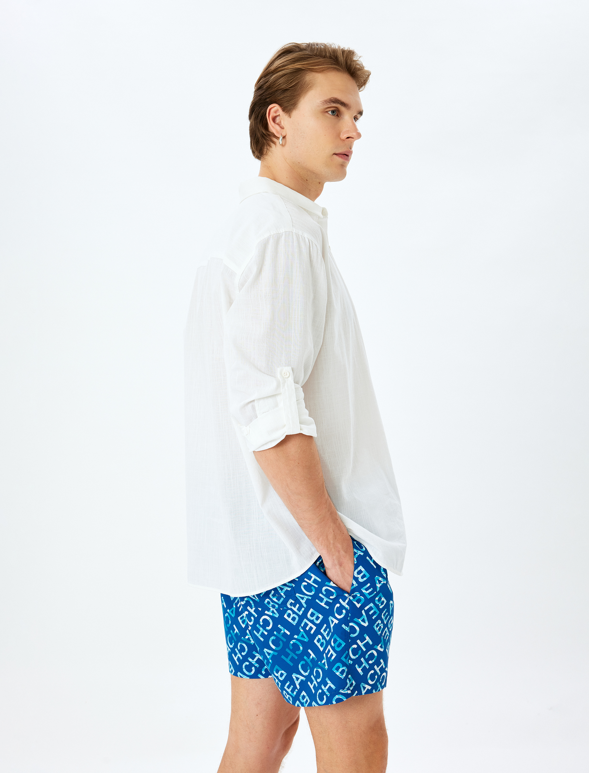   Beli Bağcıklı Baskılı Cep Detaylı Oversize Deniz Şortu