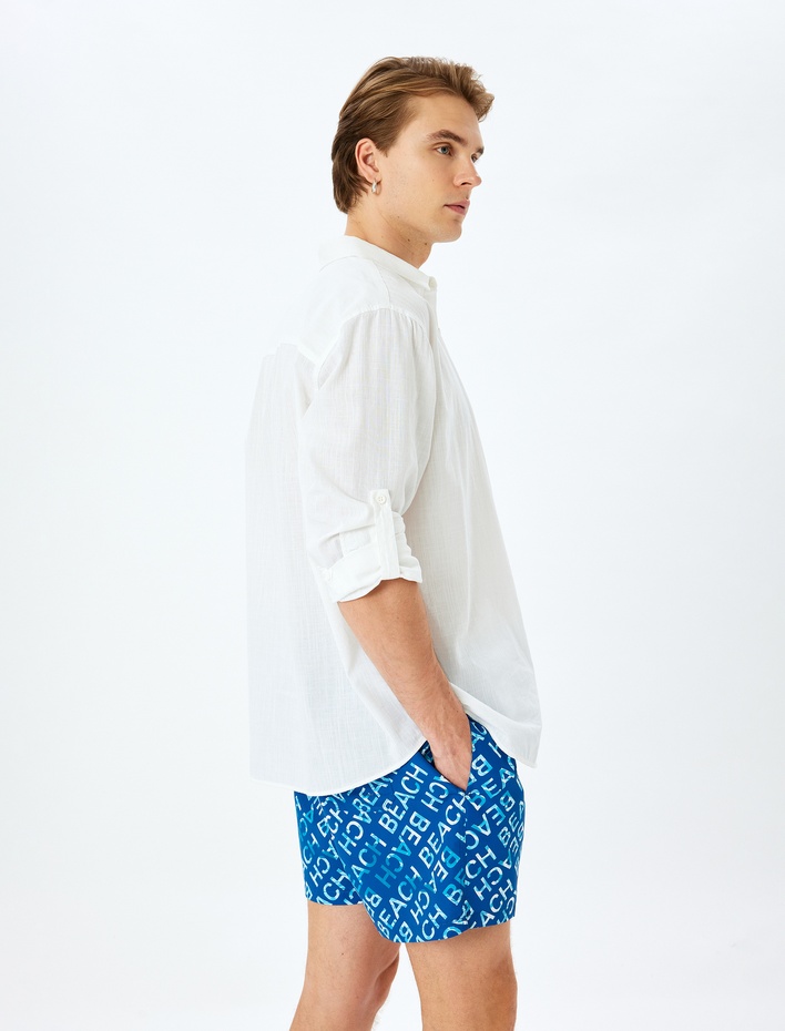  Beli Bağcıklı Baskılı Cep Detaylı Oversize Deniz Şortu