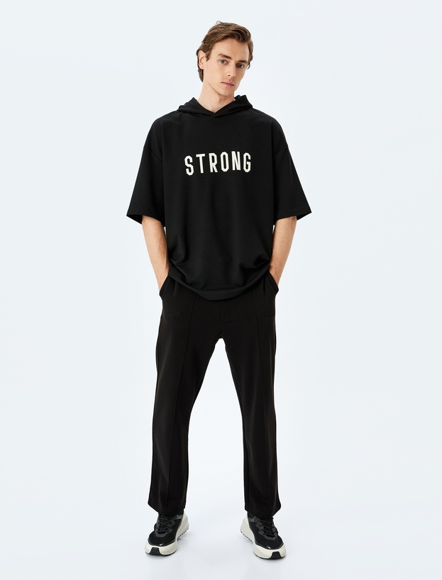 Kapşonlu İşlemeli Şardonlu Kısa Kollu Oversize Spor Sweatshirt_0