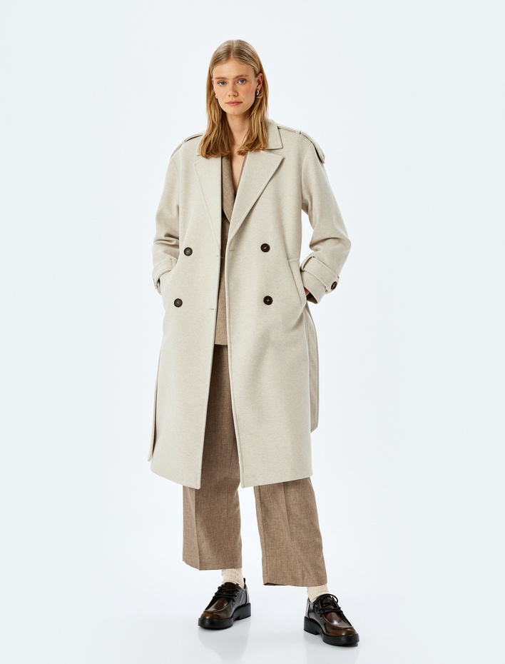  Uzun Kollu Apolet Detaylı Kemerli Cepli Kruvaze Uzun Kaban