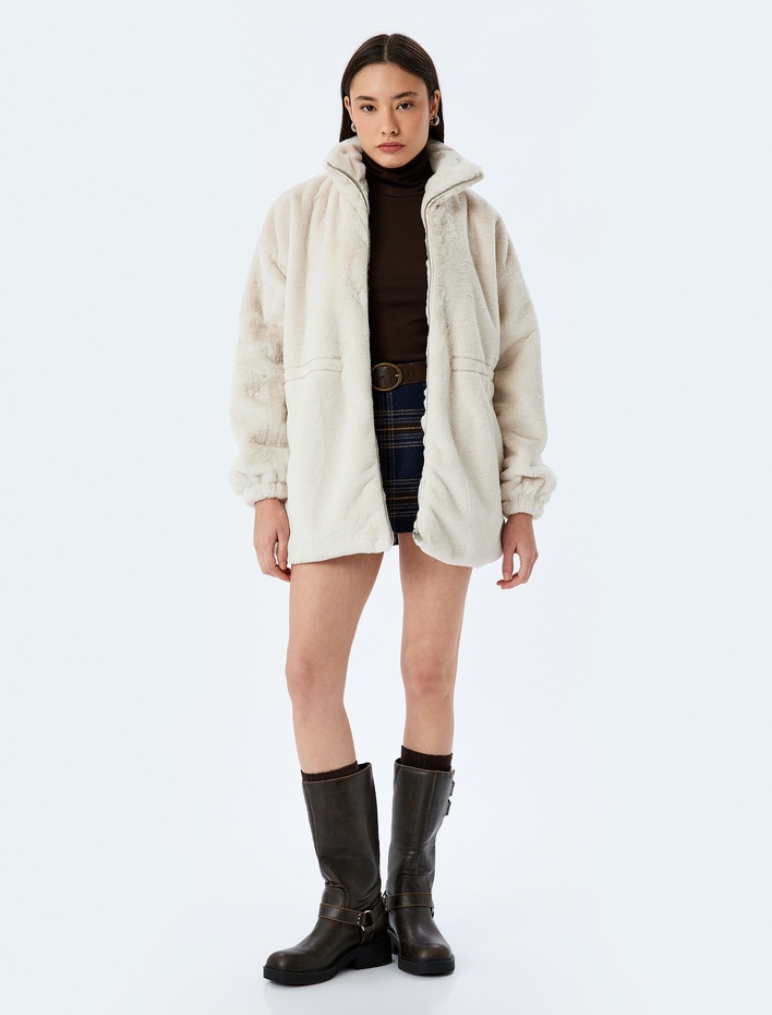  Suni Kürk Fermuarlı Cep Detaylı Astarlı Uzun Ceket