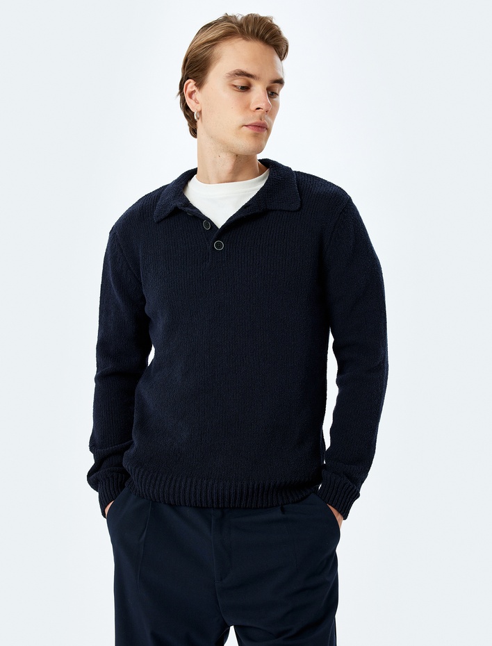  Düğmeli Polo Yaka Pamuk Karışımlı Basic Uzun Kollu Triko Kazak