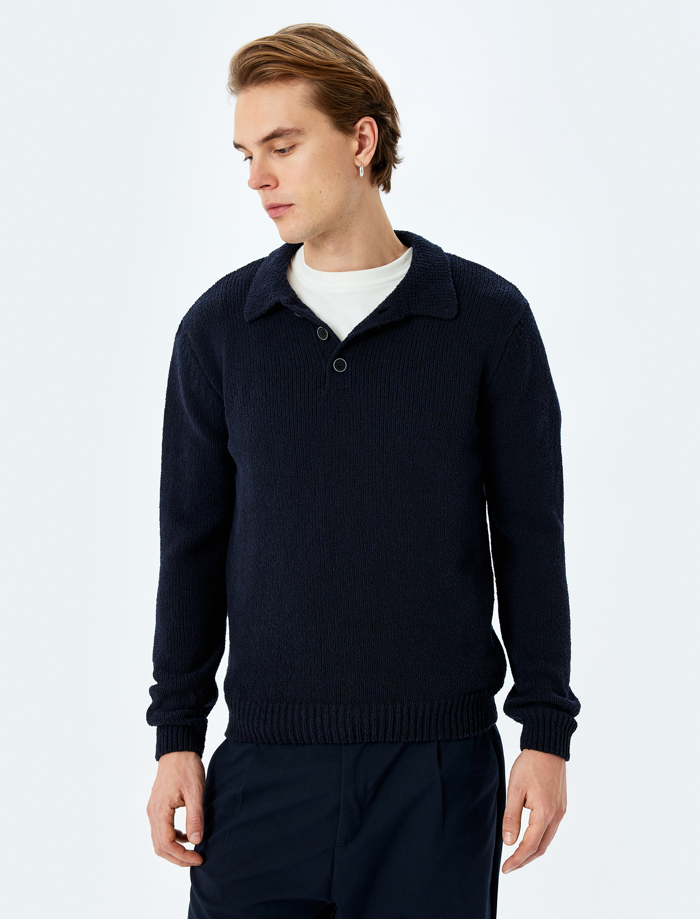   Düğmeli Polo Yaka Pamuk Karışımlı Basic Uzun Kollu Triko Kazak