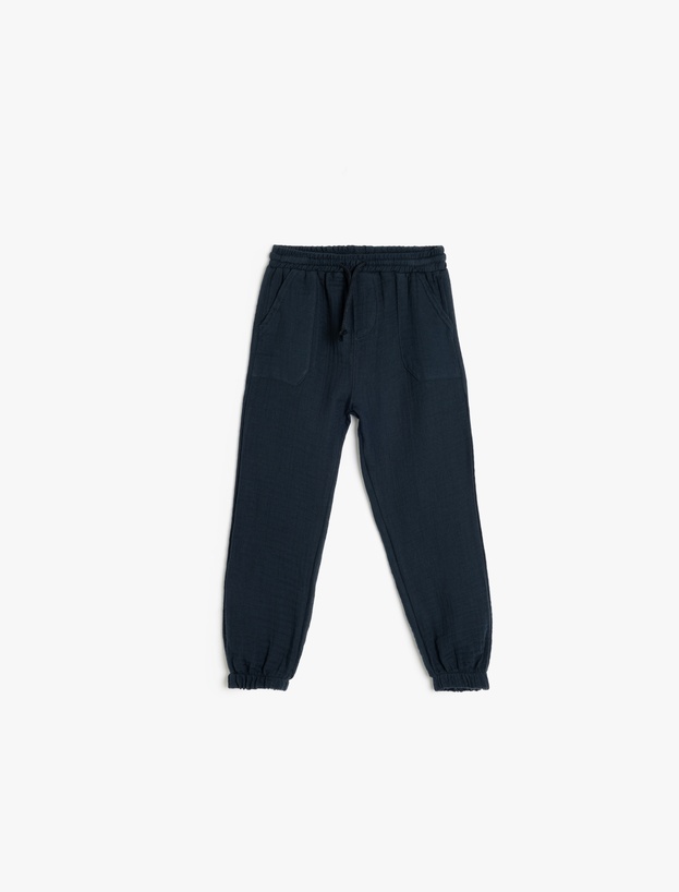 Pamuklu Beli Bağlamalı Cep Detaylı Basic Müslin Jogger Pantolon_0