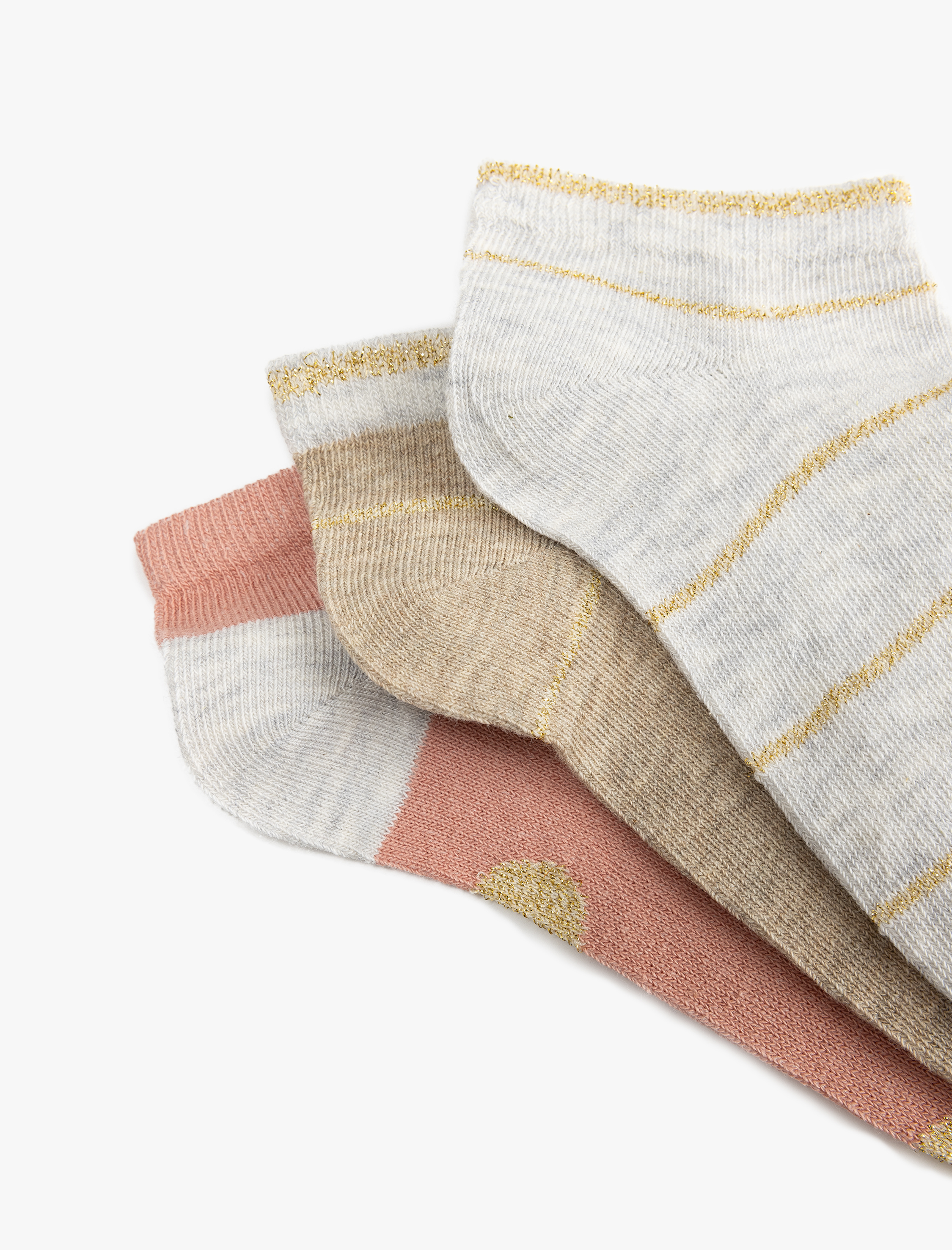  Kadın 3'lü Çizgili Çok Renkli Simli Patik Çorap Seti