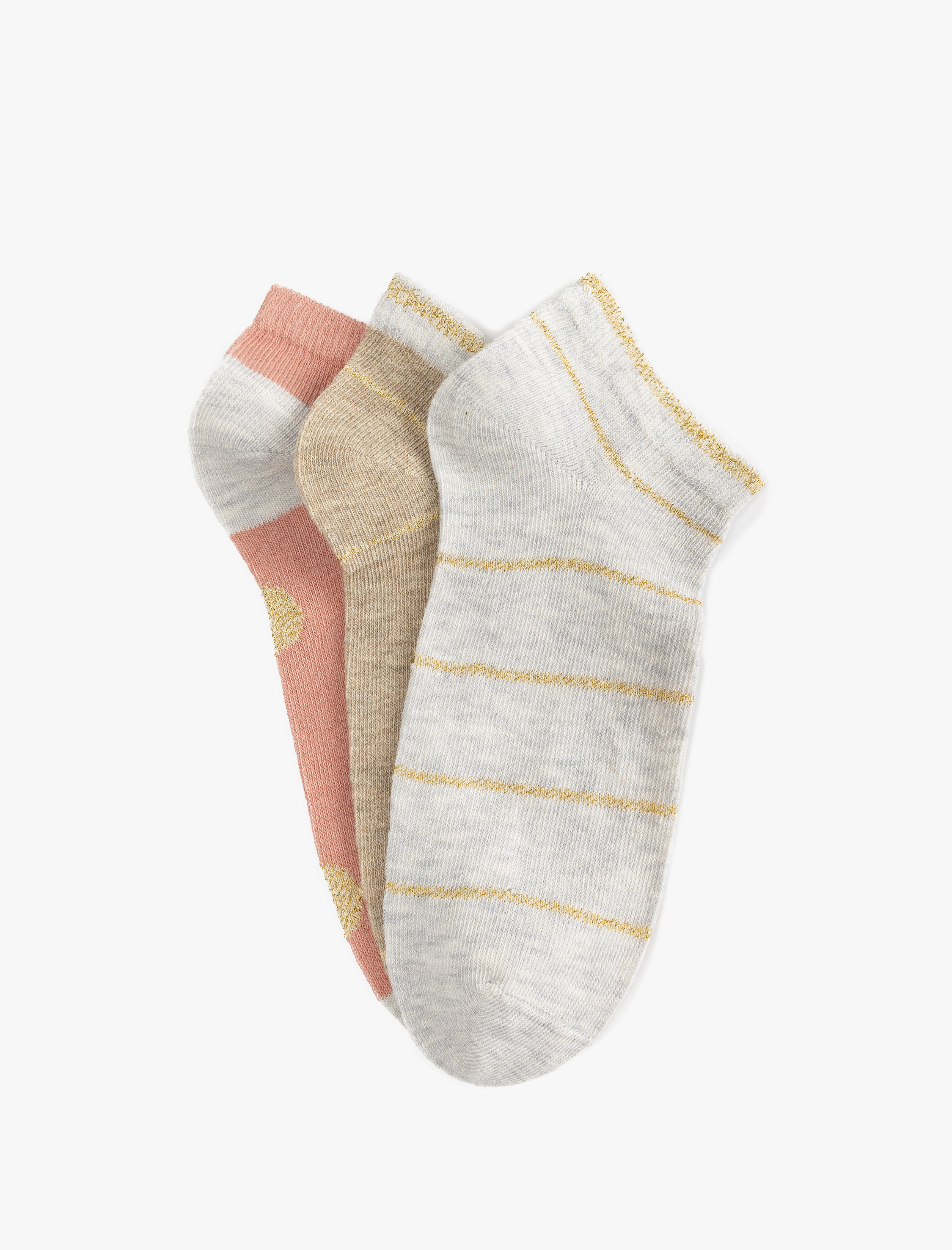  Kadın 3'lü Çizgili Çok Renkli Simli Patik Çorap Seti