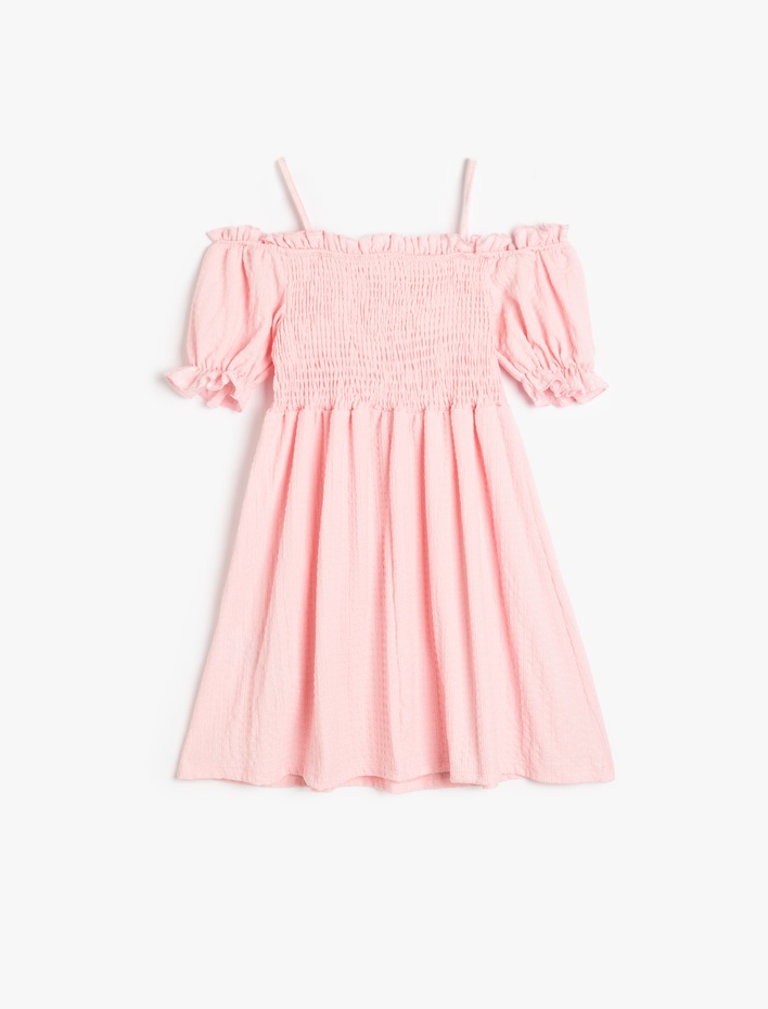 Kız Çocuk Gipe Detaylı Pileli Kısa Kollu Askılı Midi Elbise