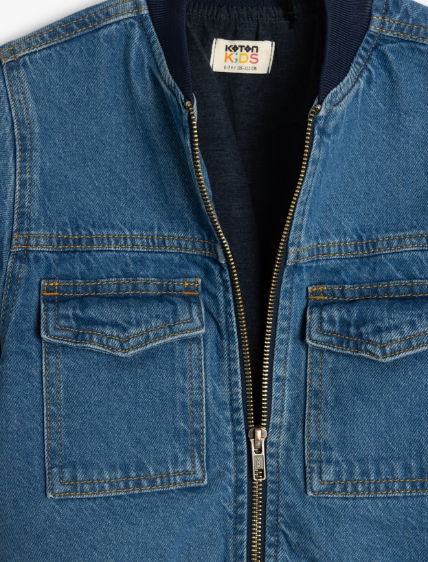 Pamuklu Uzun Kollu Kapaklı Cepli Oversize Bomber Denim Ceket_3