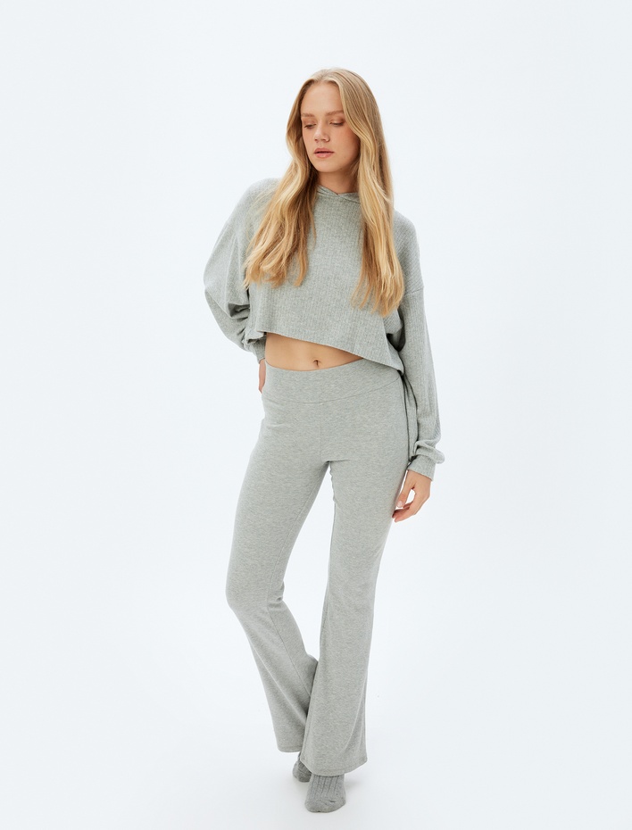  Kapüşonlu Crop Pijama Üstü Uzun Kollu Rahat Kalıp