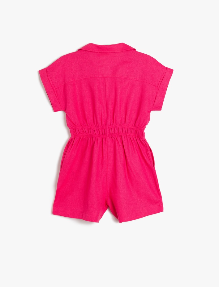 Kız Çocuk Kısa Kollu Cep Detaylı Keten Kısa Tulum