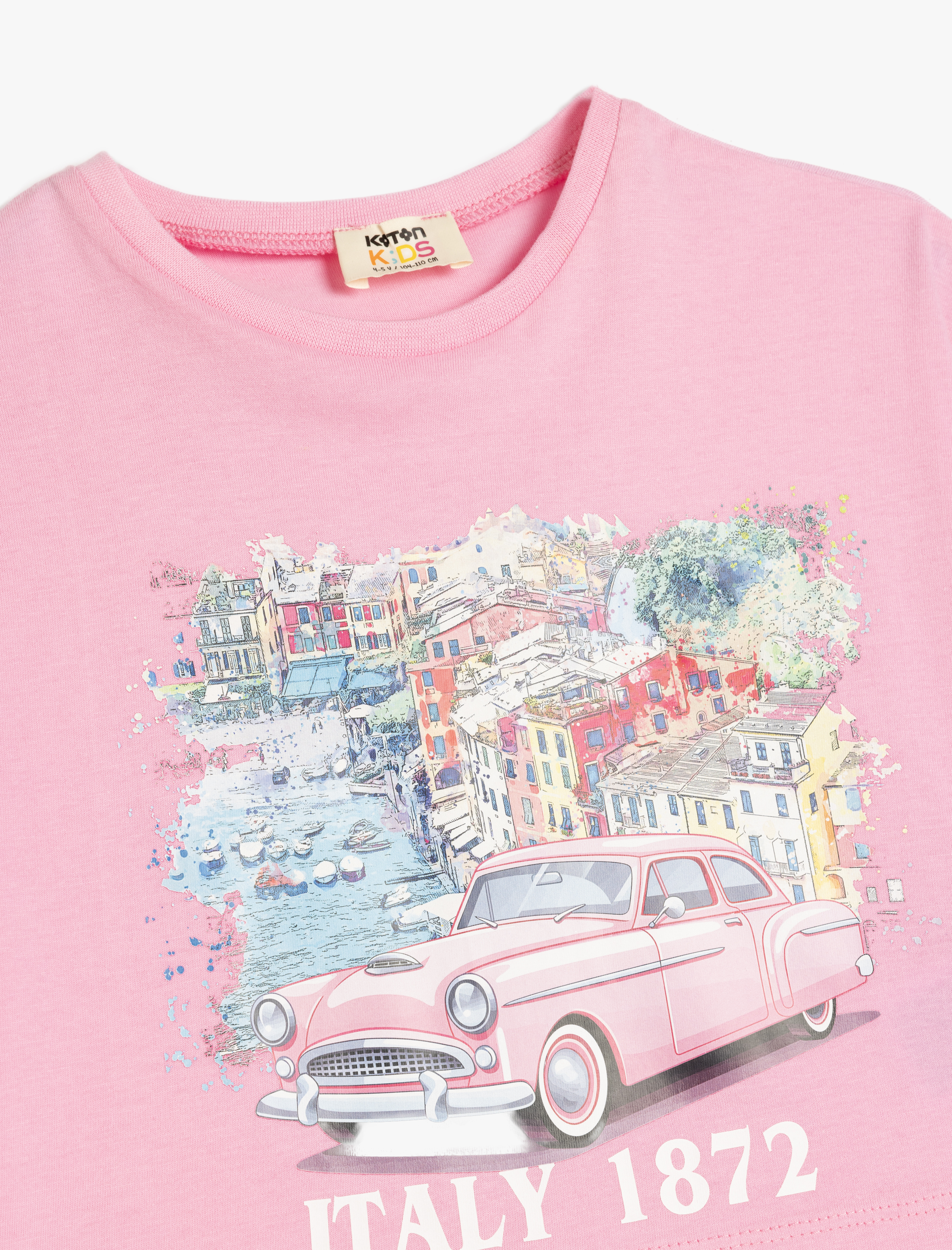  Kız Çocuk Şehir Baskılı Bisiklet Yaka Kısa Kollu Pamuklu Tişört