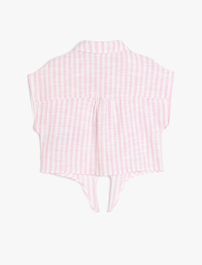 Kız Çocuk Bağlama Detaylı Kısa Kollu Gömlek Yaka Crop Bluz