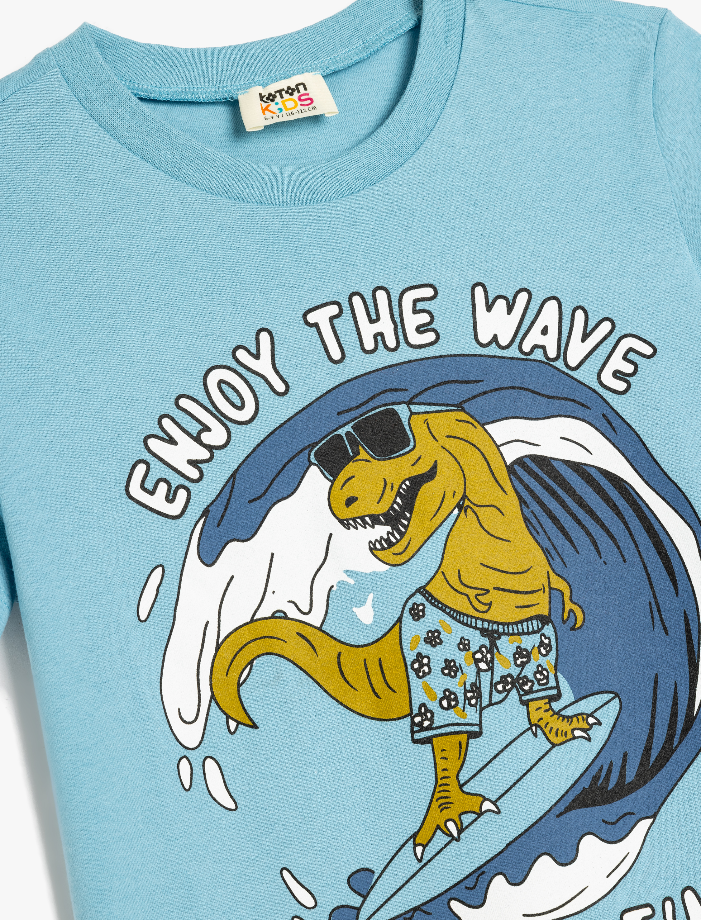  Erkek Çocuk Pamuklu Bisiklet Yaka Kısa Kollu Dinozor Baskılı Tişört