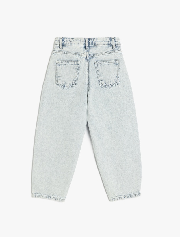 Çiçek İşlemeli Yüksek Belli Pamuklu Denim Pantolon_1