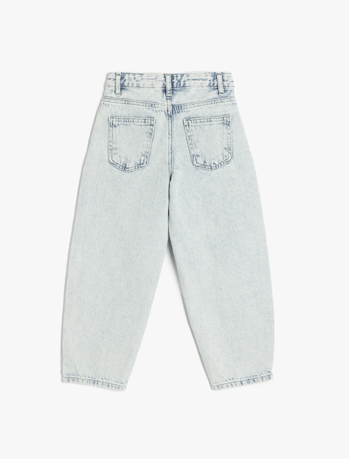 Kız Çocuk Çiçek İşlemeli Yüksek Belli Pamuklu Denim Pantolon