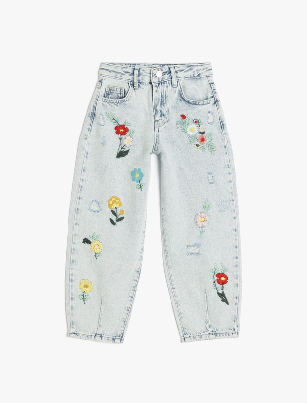 Çiçek İşlemeli Yüksek Belli Pamuklu Denim Pantolon_0