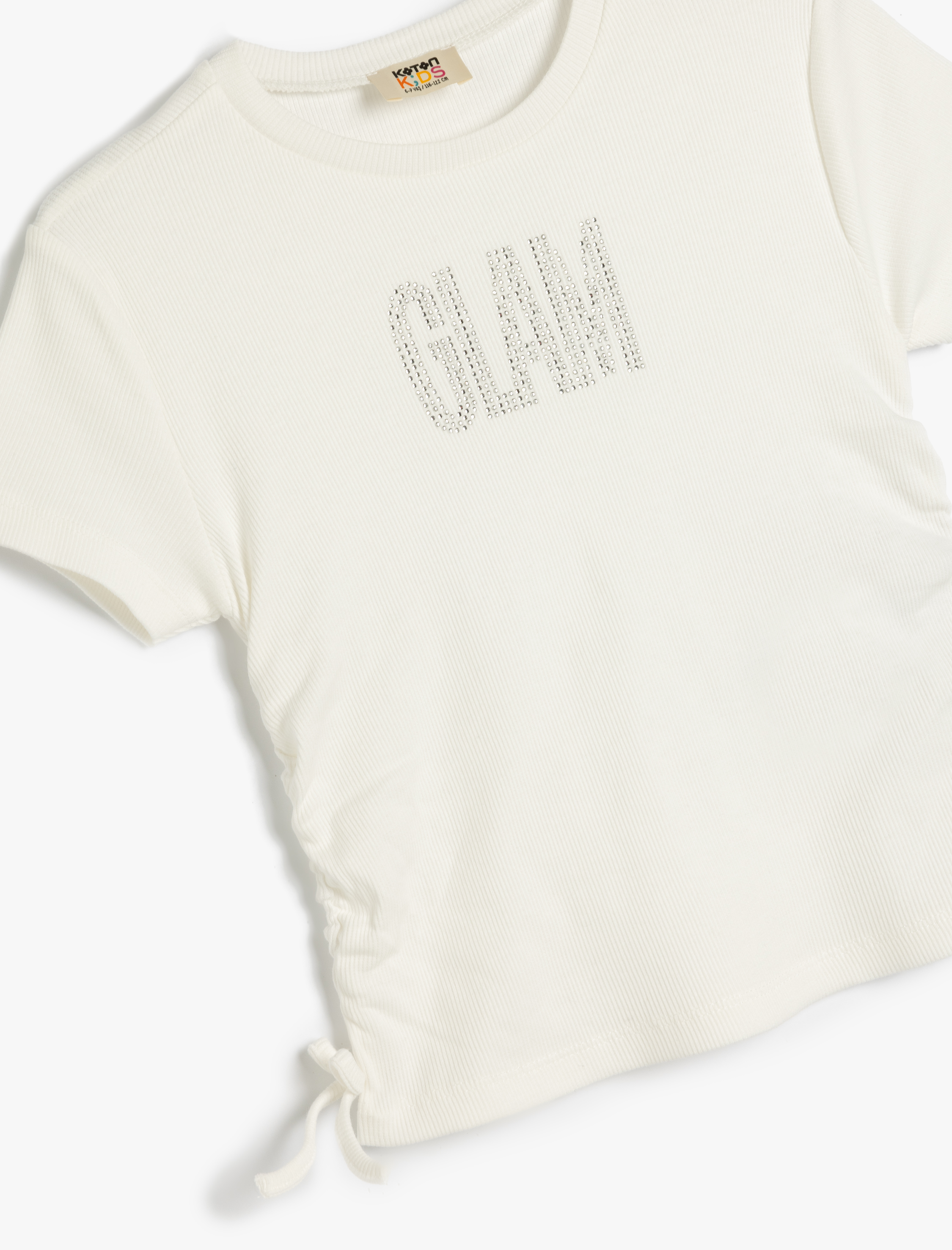  Kız Çocuk Büzgü Detaylı Slogan Baskılı Pamuklu Bisiklet Yaka Crop Tişört