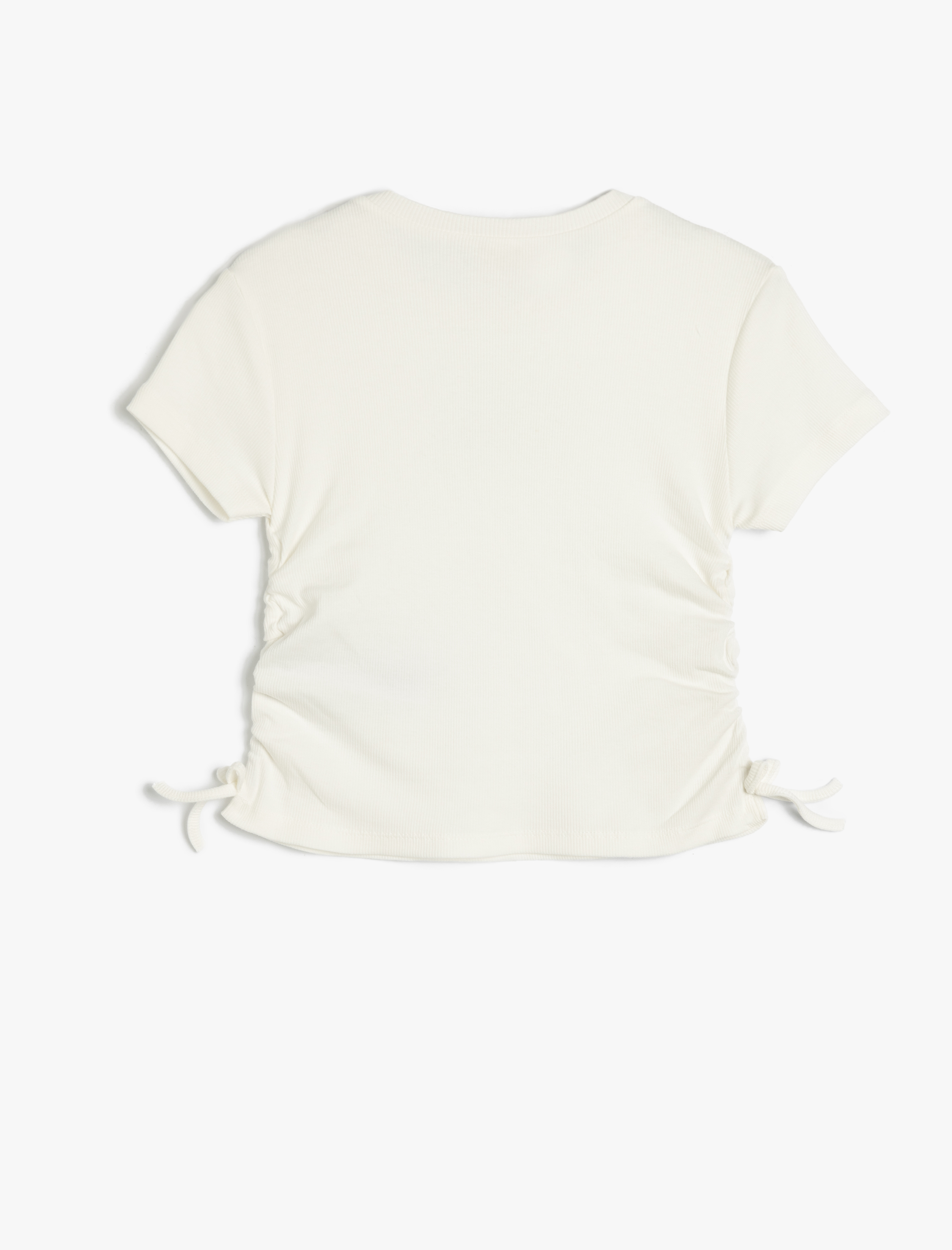  Kız Çocuk Büzgü Detaylı Slogan Baskılı Pamuklu Bisiklet Yaka Crop Tişört