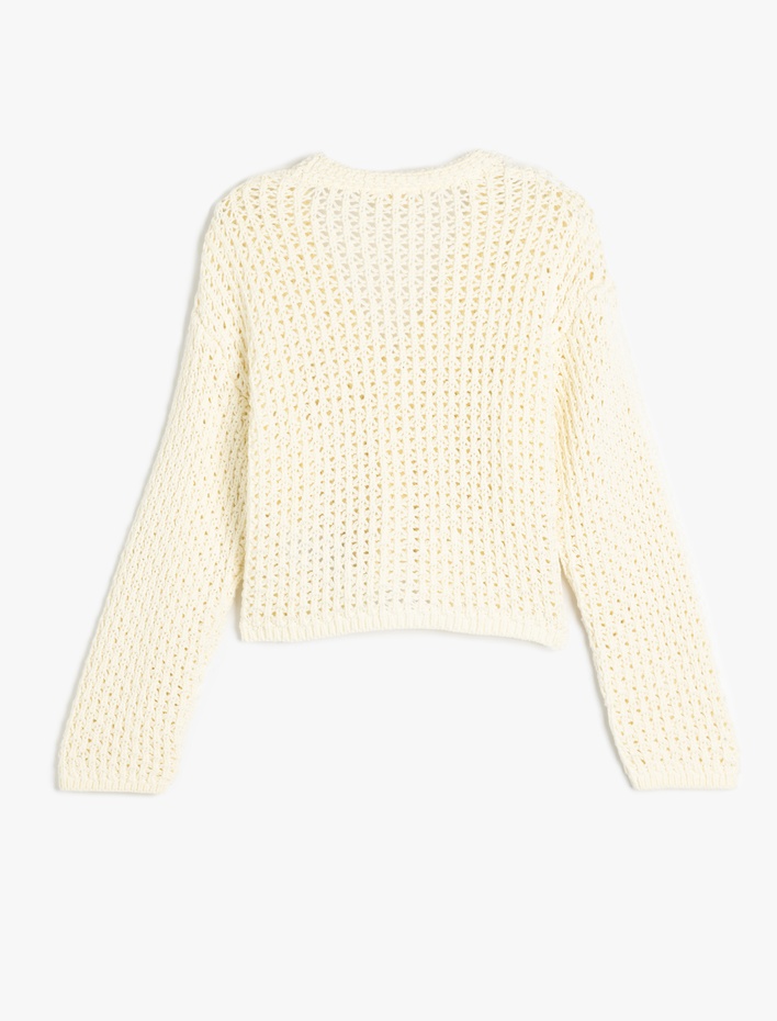 Kız Çocuk Ajurlu V Yaka Uzun Kollu Crop Triko Hırka