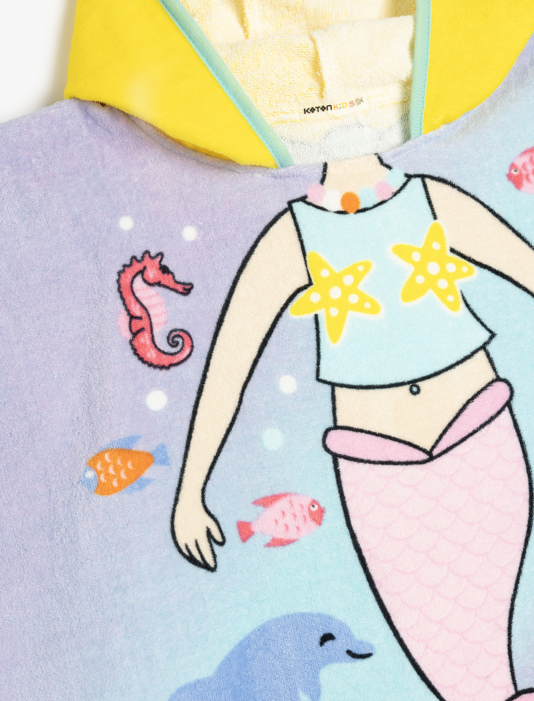  Kız Çocuk Pamuklu Deniz Kızı Baskılı Kapşonlu Panço Plaj Havlusu