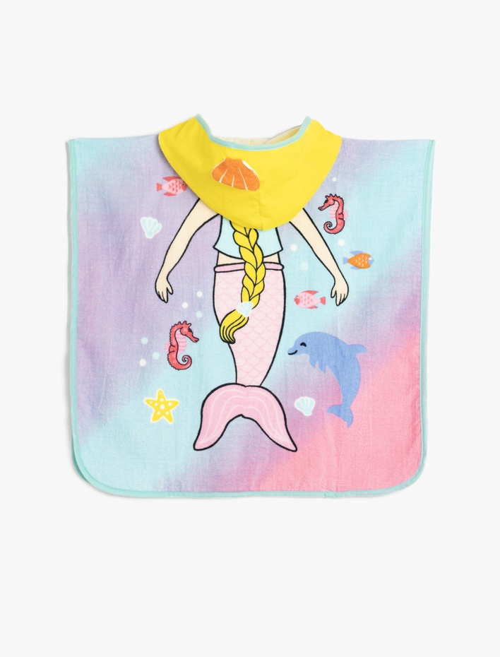 Kız Çocuk Pamuklu Deniz Kızı Baskılı Kapşonlu Panço Plaj Havlusu