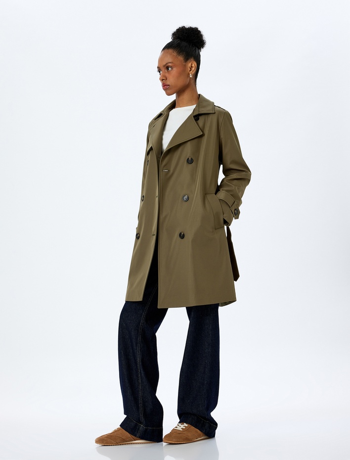  Gabardin Kumaş Rahat Kalıp Cepli Kruvaze Kemerli Trençkot