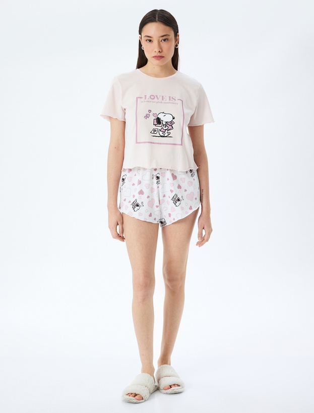 Pamuklu Lisanslı Snoopy Baskılı Kısa Kollu Şortlu Pijama Takımı_2