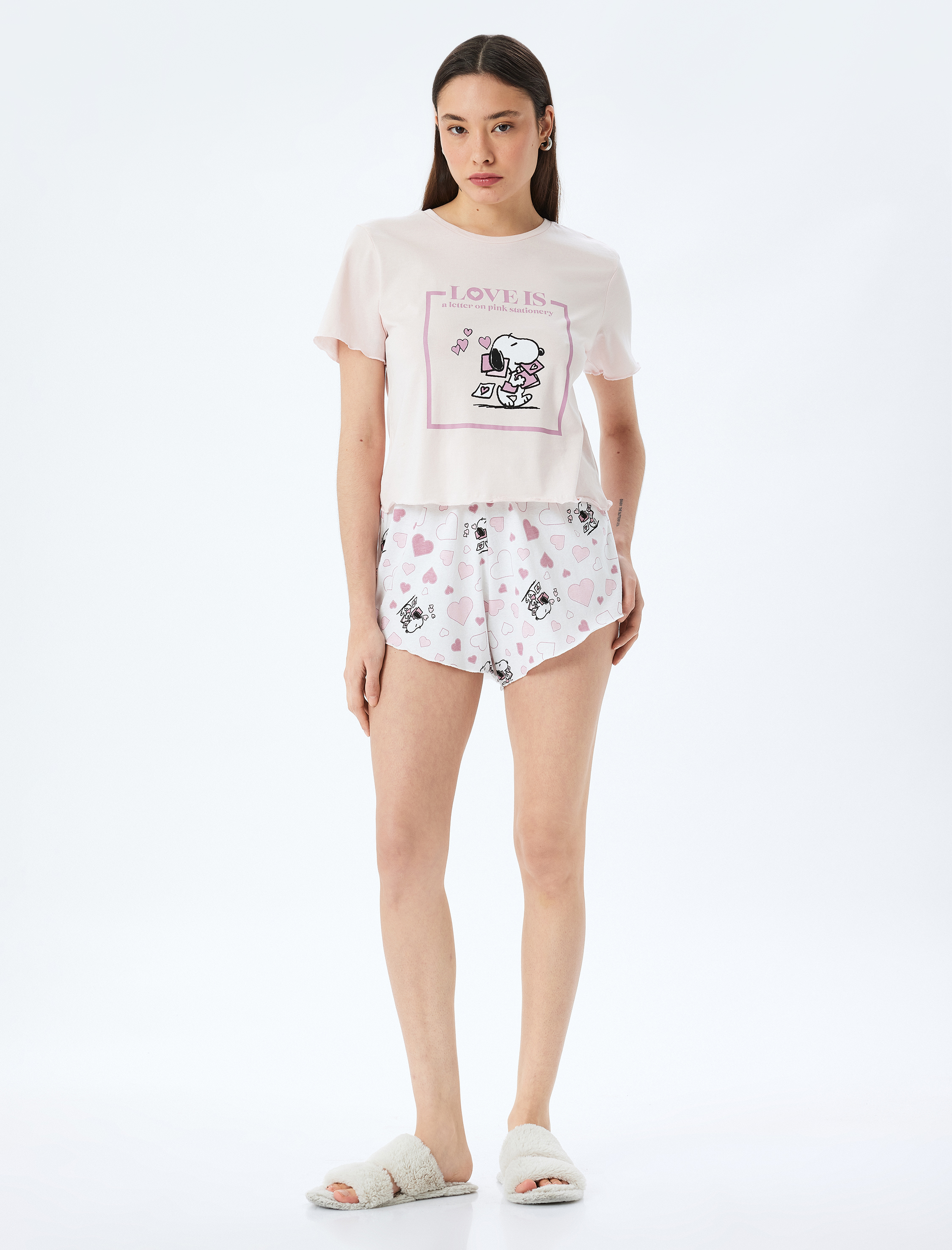 Koton Kadın Pamuklu Lisanslı Snoopy Baskılı Kısa Kollu Şortlu Pijama Takımı -1