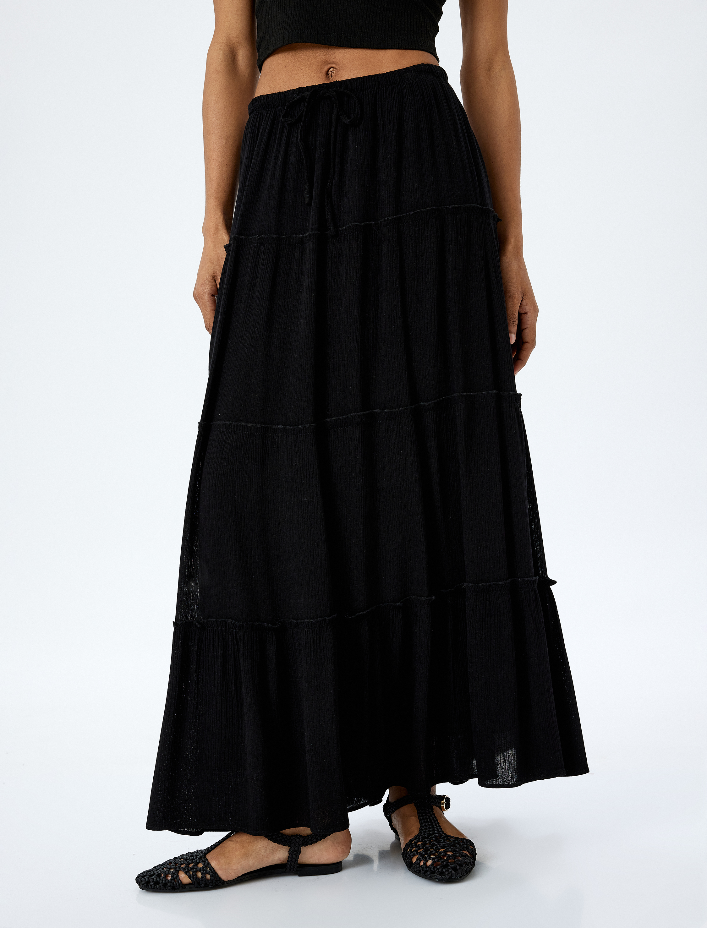 Astarlı Katlı Beli Bağlamalı Lastikli Kloş Uzun Etek