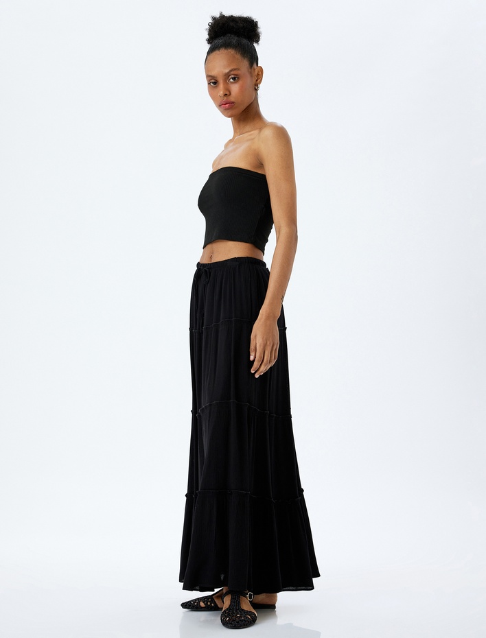  Astarlı Katlı Beli Bağlamalı Lastikli Kloş Uzun Etek