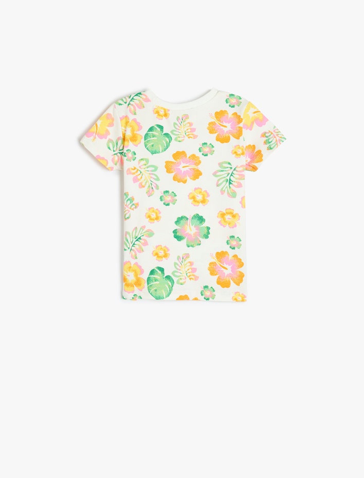 Kız Bebek Kısa Kollu Çiçek Baskılı Bisiklet Yaka Pamuklu Tişört