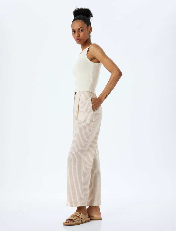  Rahat Kalıp Cepli Yüksek Bel Bol Paça Pantolon