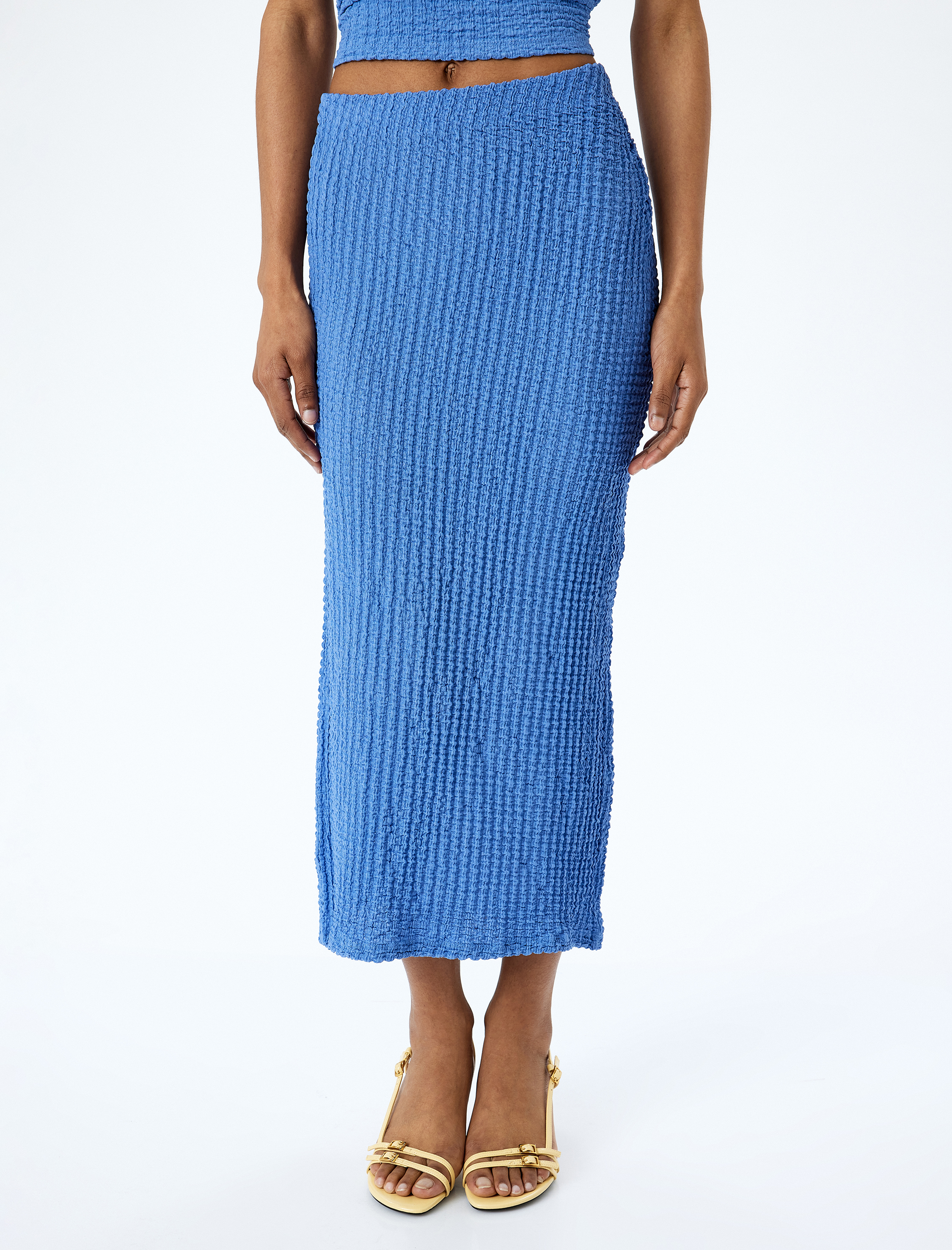 Slim Fit Dokulu Drape Detaylı Yüksek Bel Kalem Etek