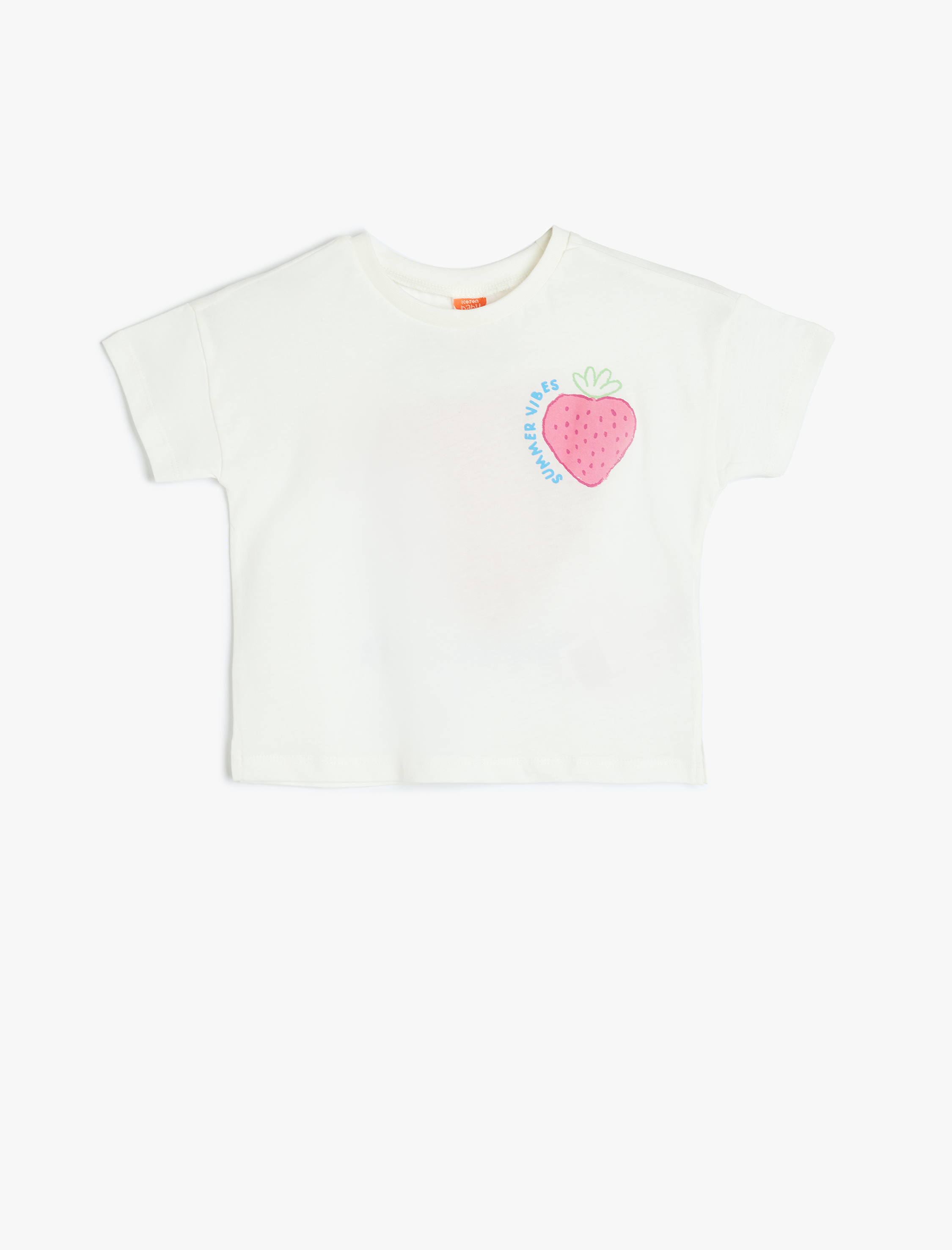  Kız Bebek Bisiklet Yaka Kısa Kollu Çilek Baskılı Pamuklu Tişört