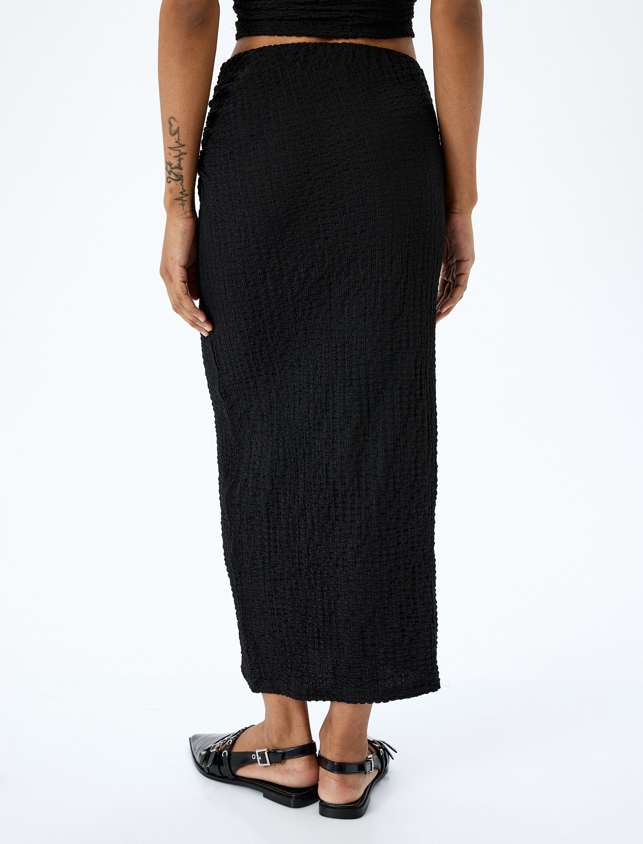 Slim Fit Dokulu Drape Detaylı Yüksek Bel Kalem Etek